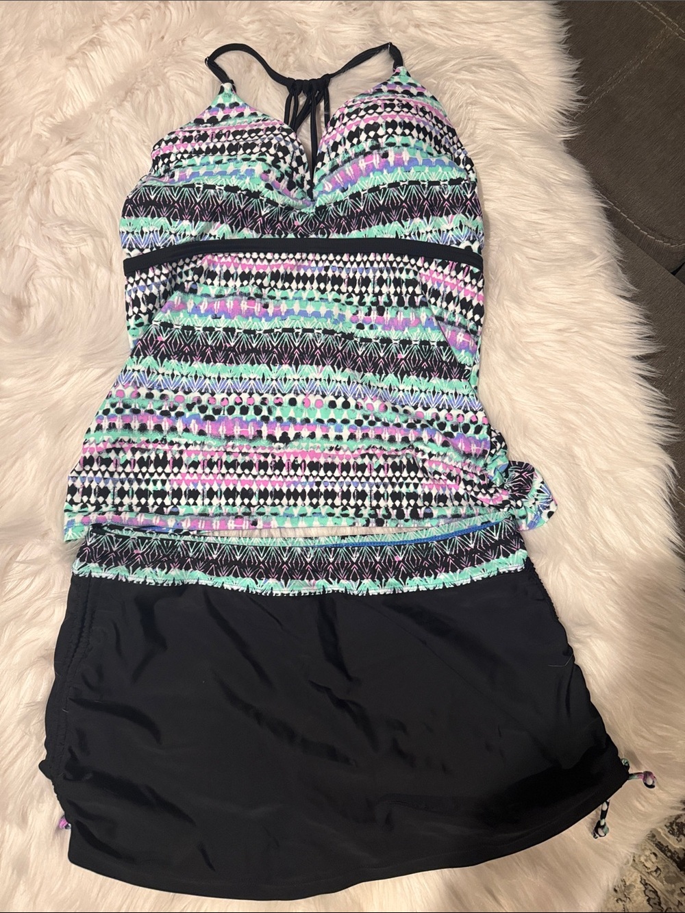 Free Country Black Tankini with Mint and Pink Patterned Top